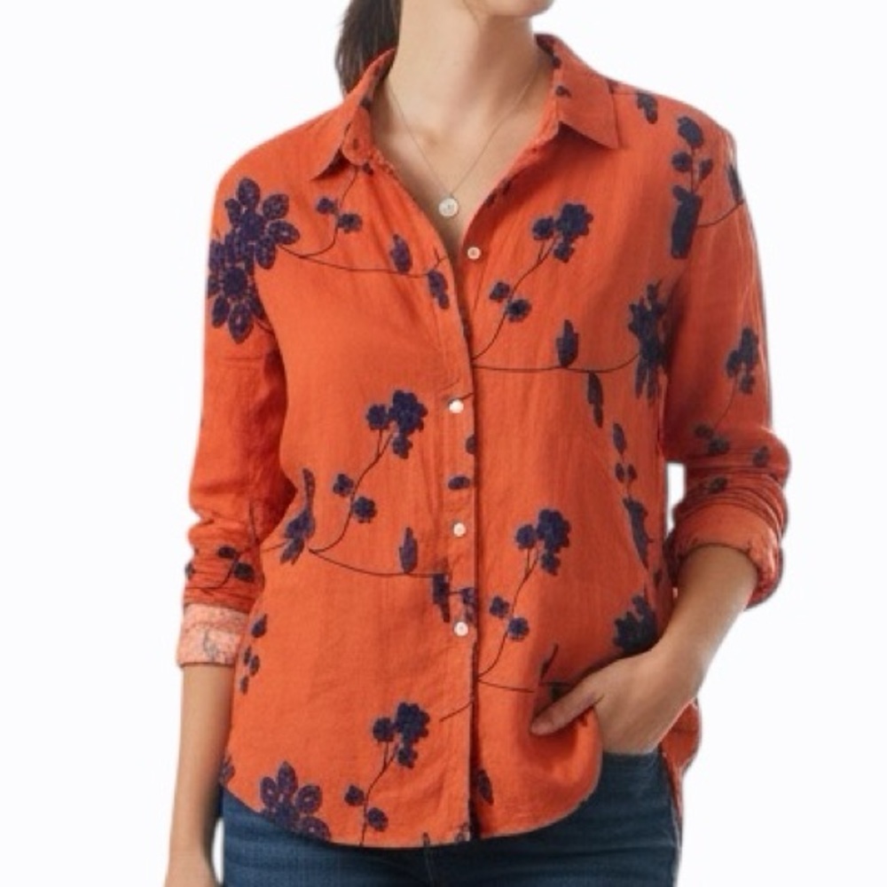 Soft Surroundings Orange and Navy Embroidered Top Sz L‎